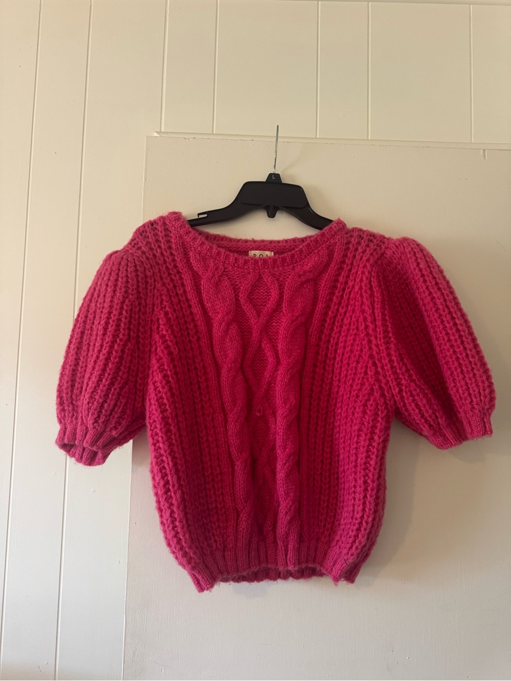 POL Hot Pink Chunky Cable Knit Puff Sleeve Sweater